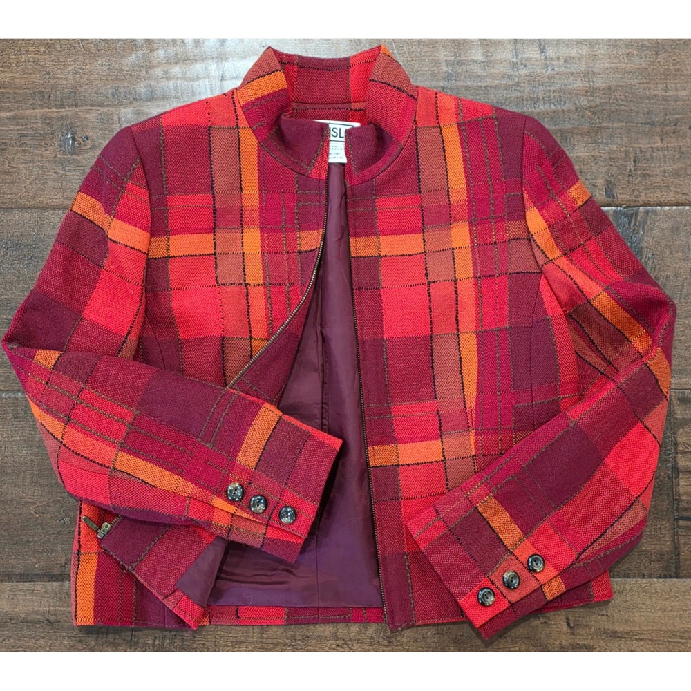 VTG Retro chic Mobwife Red Orange Plaid Zip Up Jacket Wool Woven Blazer Sz 12